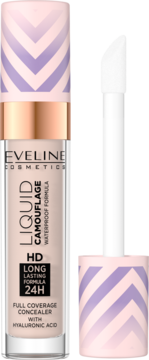 Eveline Liquid Camouflage HD, beżowy korektor w butelce z fioletowym wzorem, aplikator obok.