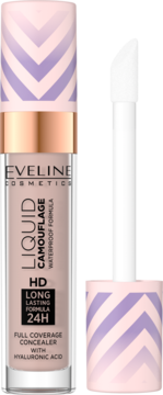 Eveline Liquid Camouflage korektor HD 24H, jasnobeżowa butelka z fioletowo-różową zakrętką i aplikator.