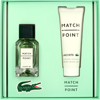 Męski zestaw Lacoste Match Point: butelka wody toaletowej i żel pod pryzysnic w zielonym pudełku, widok z góry.