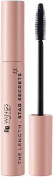 Mascara The Length Star Secrets w pudroworóżowej tubce, obok wyjęty aplikator z czarną stożkową szczoteczką.