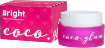 Coco Glam Bright miętowy proszek do wybielania zębów, widok różowego pudełka i słoika.