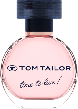 Woda perfumowana Tom Tailor Time to Live w różowej, owalnej butelce z granatowym korkiem, widok z przodu.