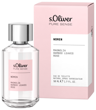 Flakon perfum s.Oliver Pure Sense Women (magnolia, bambus, róża) obok różowego kartonika, widok z przodu.