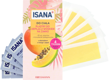 Isana plastry do depilacji woskiem na zimno, różowe opakowanie z mango i papają, widoczne paski i saszetki.