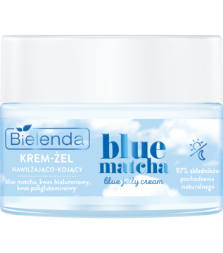 Bielenda Blue Matcha nawilżająco-kojący krem-żel w białym słoiczku z niebieską etykietą, widok z przodu.