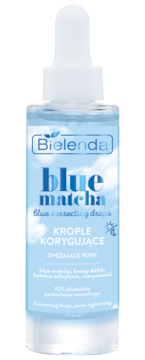 Bielenda Blue Matcha krople korygujące i zwężające pory, jasnoniebieska butelka z pipetą, widok z przodu.