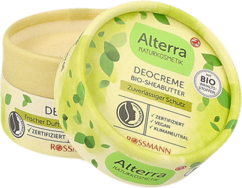Alterra Deocreme z masłem shea, dwa otwarte słoiczki z zielonymi etykietami w liście, widok z przodu.