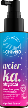 OnlyBio wcierka odżywcza Hair in Balance, serum do włosów w butelce z iridescentną etykietą, widok z przodu.