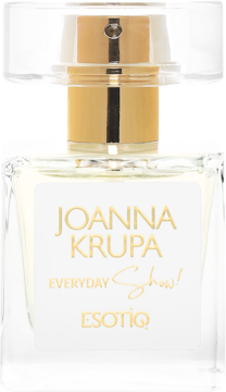 Woda perfumowana Joanna Krupa Everyday Show! Esotiq, złoty korek, przezroczysta butelka, widok z przodu.