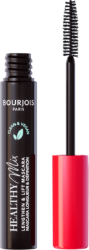 Wegańska maskara Bourjois Healthy Mix Clean w czarnej tubie z otwartą czerwoną nasadką i szczoteczką.