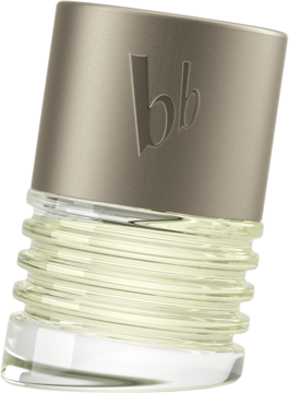 Bruno Banani Man: Pochylona butelka męskiej wody perfumowanej, szkło z falistymi rowkami, metaliczny korek 'bb'.