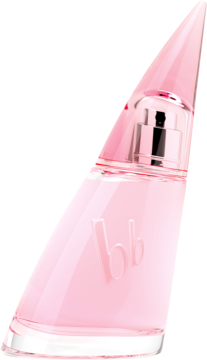 Flakon różowej wody perfumowanej bruno banani, przezroczyste szkło, skośny kształt, spiczasty korek, widok z boku.