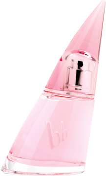 Różowa woda perfumowana bruno banani w asymetrycznej butelce, pochylona, z widocznym logo bb.