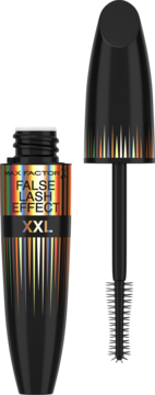Max Factor False Lash Effect XXL mascara: czarna tuba z holograficzną etykietą, odkręcony korek, szczoteczka obok.