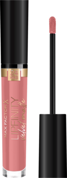 Max Factor Lipfinity Velvet Matte Posh Pink. Matowa pomadka w tubie i z otwartym aplikatorem, na czarnym tle.