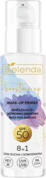 Bielenda Boost Me Up kremowa baza pod makijaż SPF50 dla suchej cery, biała butelka z pompką, widok z przodu.