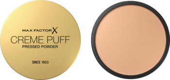 Dwa pudry Max Factor Creme Puff: złoty zamknięty kompakt i otwarty z beżowym pudrem prasowanym 05 Translucent.