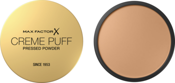 Max Factor Creme Puff 041 Medium Beige, puder prasowany, zamknięty złoty kompakt i otwarty puder.