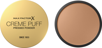 Max Factor Creme Puff puder prasowany 042 Deep Beige: zamknięte złote opakowanie i otwarty brązowy puder.