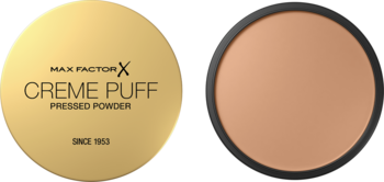 Max Factor Creme Puff 040 Creamy Ivory, złoty puder prasowany, zamknięty i otwarty kompakt.