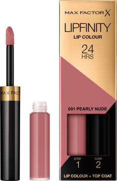 Max Factor Lipfinity Lip Colour 001 Pearly Nude zestaw: błyszczyk, baza i pudełko. Widok z przodu.