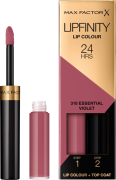 Max Factor Lipfinity 24HR Lip Colour 310 Essential Violet. Otwarty aplikator, fiolka z bazą i pudełko.