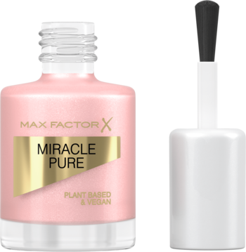 Max Factor Miracle Pure wegański lakier do paznokci w jasnoróżowym odcieniu z połyskiem, butelka obok pędzelka.