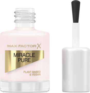 Max Factor Miracle Pure, wegański lakier do paznokci, w jasnoróżowej butelce z odkręconym pędzelkiem.