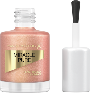 Lakier Max Factor Miracle Pure, szampańsko-różowy, wegański, w szklanej butelce z odkręconym pędzelkiem.