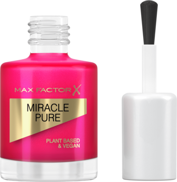 Różowy lakier Max Factor Miracle Pure Nail, otwarty, z pędzelkiem, wegańska formuła i złota etykieta widoczne.