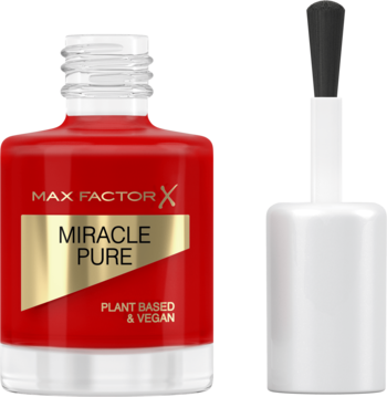 Otwarty czerwony lakier Max Factor Miracle Pure, butelka i pędzelek obok, widoczny napis Plant Based & Vegan.