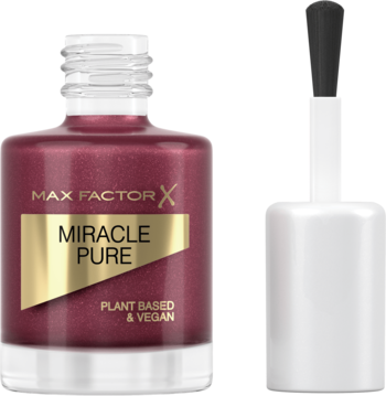 Max Factor Miracle Pure wegański lakier do paznokci, brokatowy burgund, ultralśniący. Otwarta butelka z pędzelkiem.