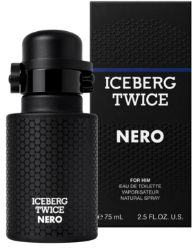 Czarna woda toaletowa Iceberg Twice Nero 75ml, butelka z teksturą obok czarnego opakowania, widok z przodu.