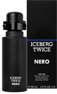 Iceberg Twice Nero, męska woda toaletowa. Czarna butelka z teksturą i pudełko widoczne z przodu.