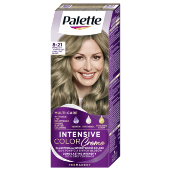 Palette Intensive Color Creme 8-21, farba do włosów. Fioletowe opakowanie z modelką o jasnym blondzie, widok przód.