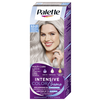 Pionowe opakowanie farby Palette Intensive Color Creme 9.5-21 PLATINUM. Biało-fioletowe, z modelką o jasnych włosach.