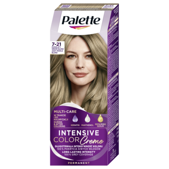 Fioletowe pudełko farby Palette 7-21 Popielaty średni blond, z wizerunkiem kobiety, widok z przodu.