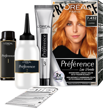 Zestaw do koloryzacji włosów L'Oréal Préférence miedziany 7.432, z butelkami, tubką i ulotką, na białym tle.