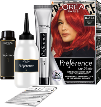 Zestaw do koloryzacji L'Oréal Paris Préférence Vivid Colors 8.624 Bright Red, z butelkami, tubką i pudełkiem.
