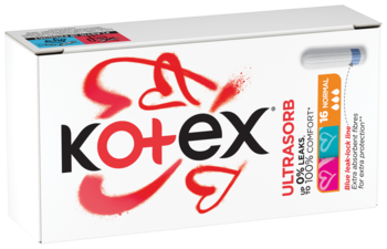 Białe opakowanie tamponów Kotex ULTRASORB z dużym czerwonym logo i sercami, widok na przód produktu.