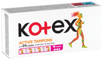 Białe pudełko tamponów Kotex Active Super, 16 sztuk, z kolorową sylwetką biegaczki, widok pod kątem.