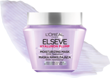 Fioletowa maska do włosów L'Oréal Elseve Hyaluron Plump z kwasem hialuronowym, widok z przodu, na fioletowym tle.