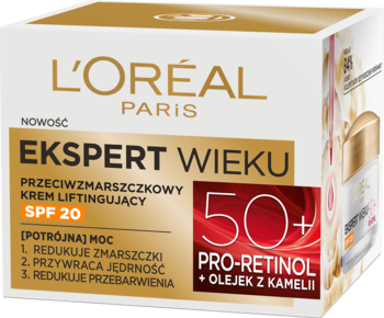 Biało-złote pudełko L'Oréal Ekspert Wieku 50+ przeciwzmarszczkowego kremu liftingującego SPF 20.