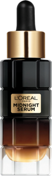 L'Oréal Paris Midnight Serum w czarnej, fasetowanej butelce ze złotą etykietą i czarnym dropperem.