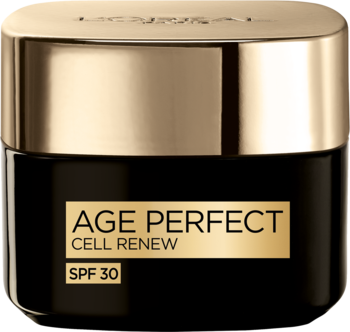Rewitalizujący krem L’Oréal Paris Age Perfect Cell Renew SPF30 w czarnym słoiczku ze złotą nakrętką, widok z przodu.