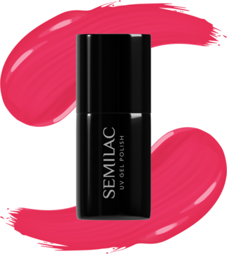 Czarny lakier hybrydowy Semilac UV Gel Polish, butelka z białym napisem na neonowej, malinowej smudze.