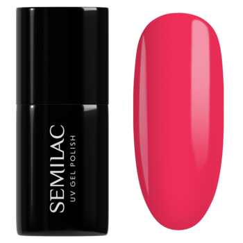 Semilac UV Gel Polish w czarnej butelce, obok próbka z intensywnym, neonowym malinowym lakierem hybrydowym.