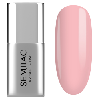 Semilac Be Beautiful Base Rose UV gel polish w srebrnej butelce i jasnoróżowy swatch paznokcia.