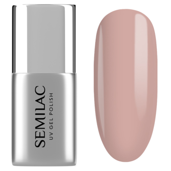 Srebrna butelka Semilac Be Beautiful Base Nude obok wzornika upiększającej kauczukowej bazy w kolorze nude.