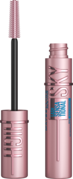 Maybelline Lash Sensational Sky High tusz do rzęs w różowej, metalicznej butelce, z wyciągniętym aplikatorem.